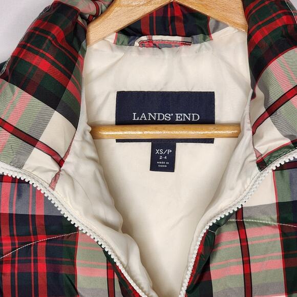 Lands' End Plaid Red Green Down Puffer Vest Women's XS 2 4 - Picture 2 of 3